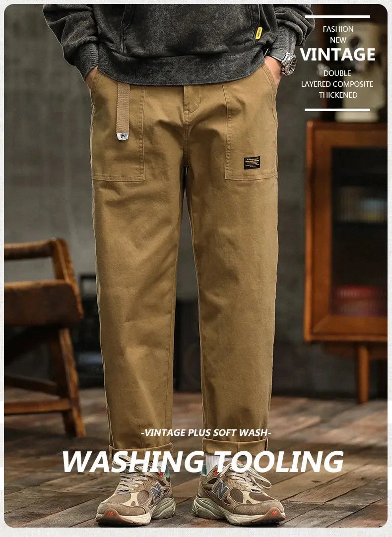 HIQOR Mens Clothing Spring Autumn Cargo Pants Man Cotton Casual Loose Trouser Belt Mid Waist Joggers Male Straight Baggy Pants Suncollections