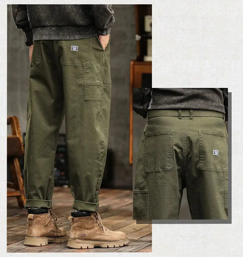 HIQOR Mens Clothing Spring Autumn Cargo Pants Man Cotton Casual Loose Trouser Belt Mid Waist Joggers Male Straight Baggy Pants Suncollections