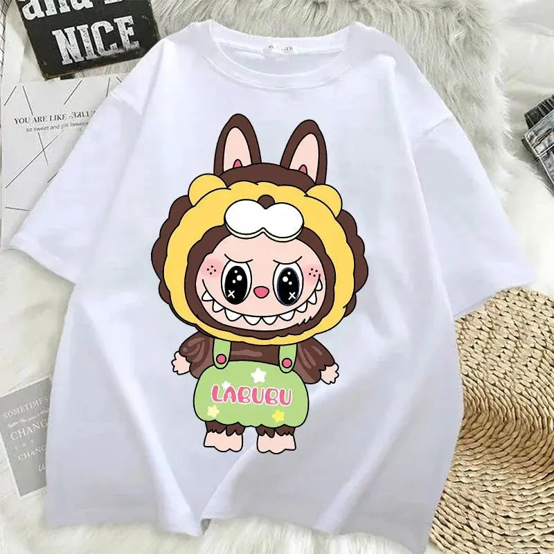 Pop Mart Labubu T-shirts for Women Anime Fashion Short Sleeved Top Summer Hip Hop Black White T-shirt High Quality Clothes - Suncollections