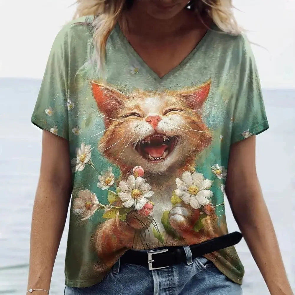 Women's T Shirt Cute Cat 3D Printed T-Shirt Summer Casual Short Sleeve V-Neck Top Fashion Streetwear Female Oversized Clothing - Suncollections