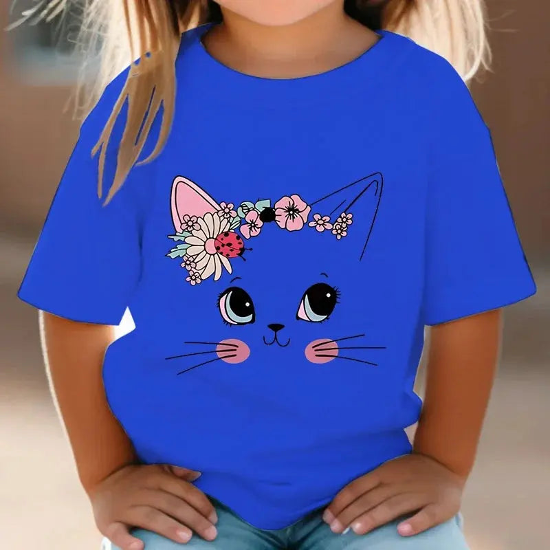 Summer Kids T Shirt Flower Cat Graphic Shirt Girls Floral Kitty Tops White Short - Suncollections