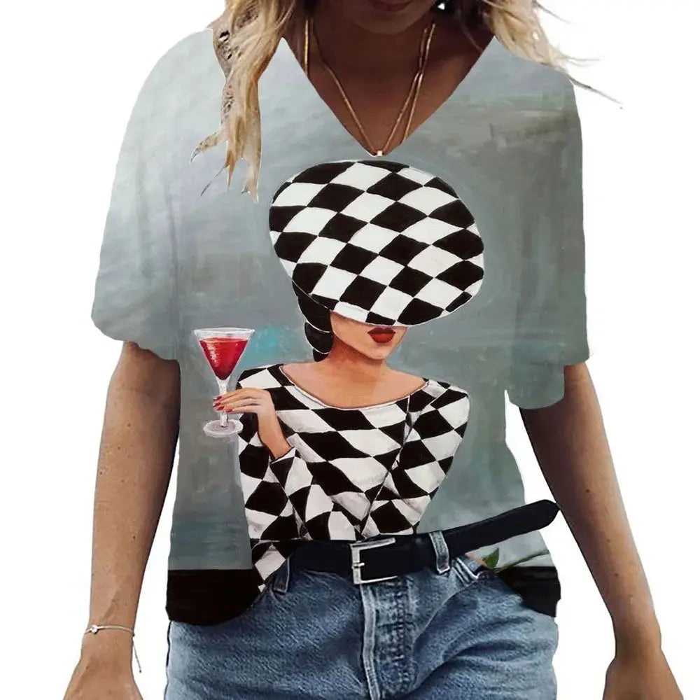 Women's Summer T-Shirt V Neck Short Sleeve Top Abstract Portrait Painted T-Shirt Women's Loose Casual T-Shirt Street Style - Suncollections