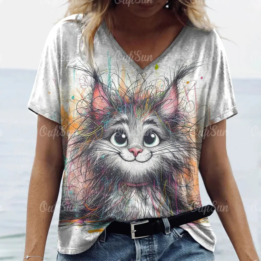 Summer Women's T Shirt Cat Print Casual Short Sleeve 3d T-Shirts Fashion Streetwear Crew Neck Pullover Female Oversized Clothing - Suncollections