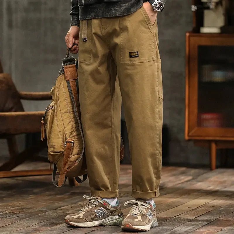 HIQOR Mens Clothing Spring Autumn Cargo Pants Man Cotton Casual Loose Trouser Belt Mid Waist Joggers Male Straight Baggy Pants Suncollections