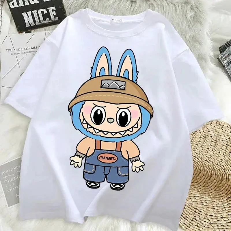 Pop Mart Labubu T-shirts for Women Anime Fashion Short Sleeved Top Summer Hip Hop Black White T-shirt High Quality Clothes - Suncollections