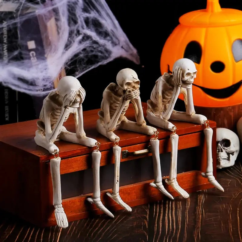 Halloween Statues Resin See Speak Hear No Evil Skeleton Figurines Resin Realistic Skull Decor for Bookshelf Table Edge Ornament Suncollections