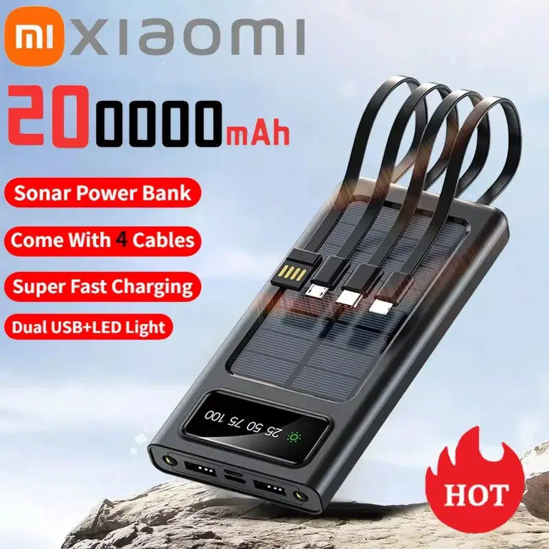 Xiaomi New Solar Power Bank 200000mA Large Capacity Mobile Power Fast Charging Battery With Dual USB 4 Cables For iPhone Samsung - Suncollections
