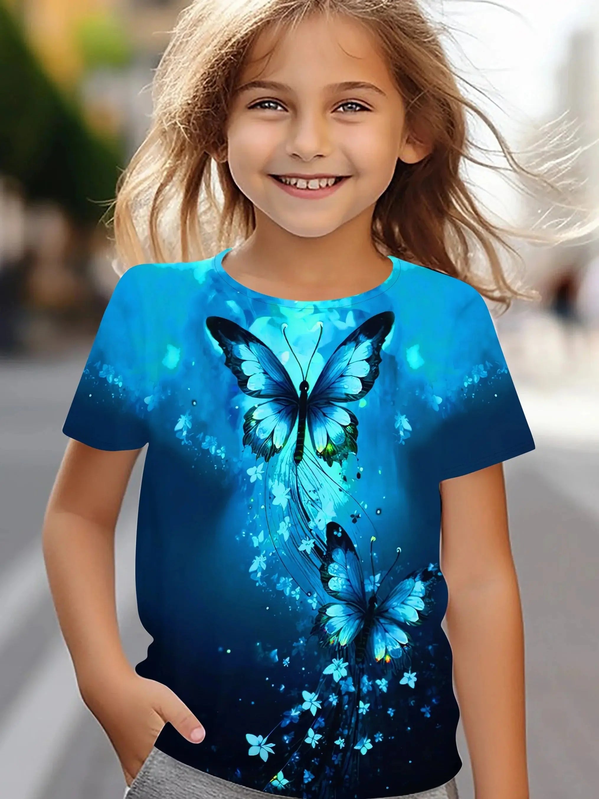 Children's Clothing Girl Clothes Short Sleeve Girl T-Shirt Prety Butterfly Print Kawaii Round Neck Girl Top Kids Summer Clothes - Suncollections