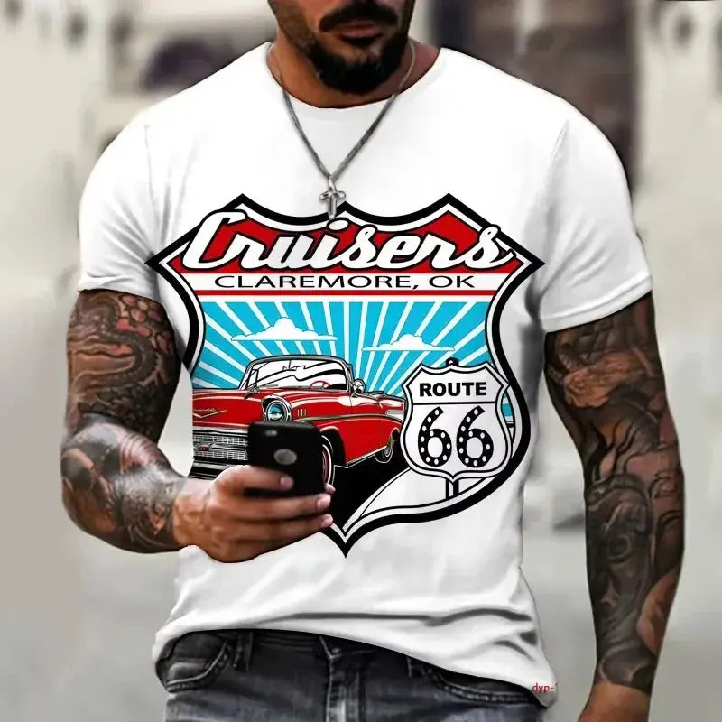 Newest Summer Mens Clothes Man 3d Printed Fashion Retro Short Sleeve Top Route 66 T Shirt Men Streetwear Short Sleeve T Shirt - Suncollections