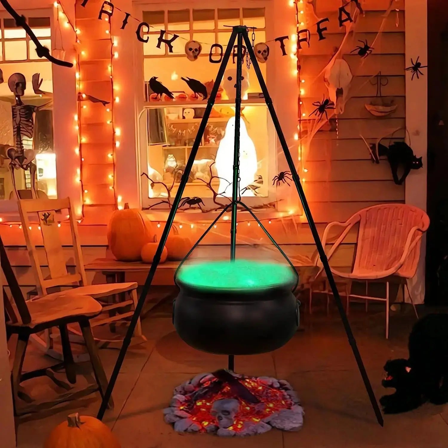 51in Halloween Decor Outdoor 12in Large Witch Cauldron on Tripod with Lights Black Plastic Bowl Party Hocus Pocus Candy Bucket Suncollections