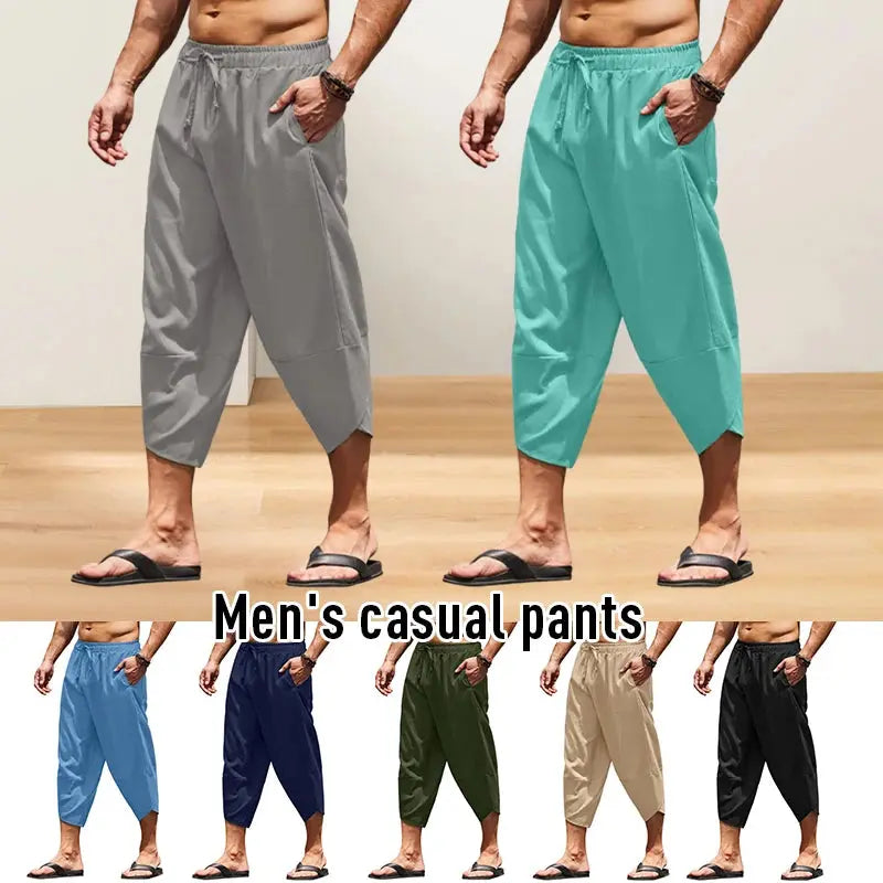 Men Summer Solid Color Capri Pants Harem Shorts Men Elastic Waist Drawstring 3/4 Length Cropped Trousers Baggy Sweatpants Suncollections