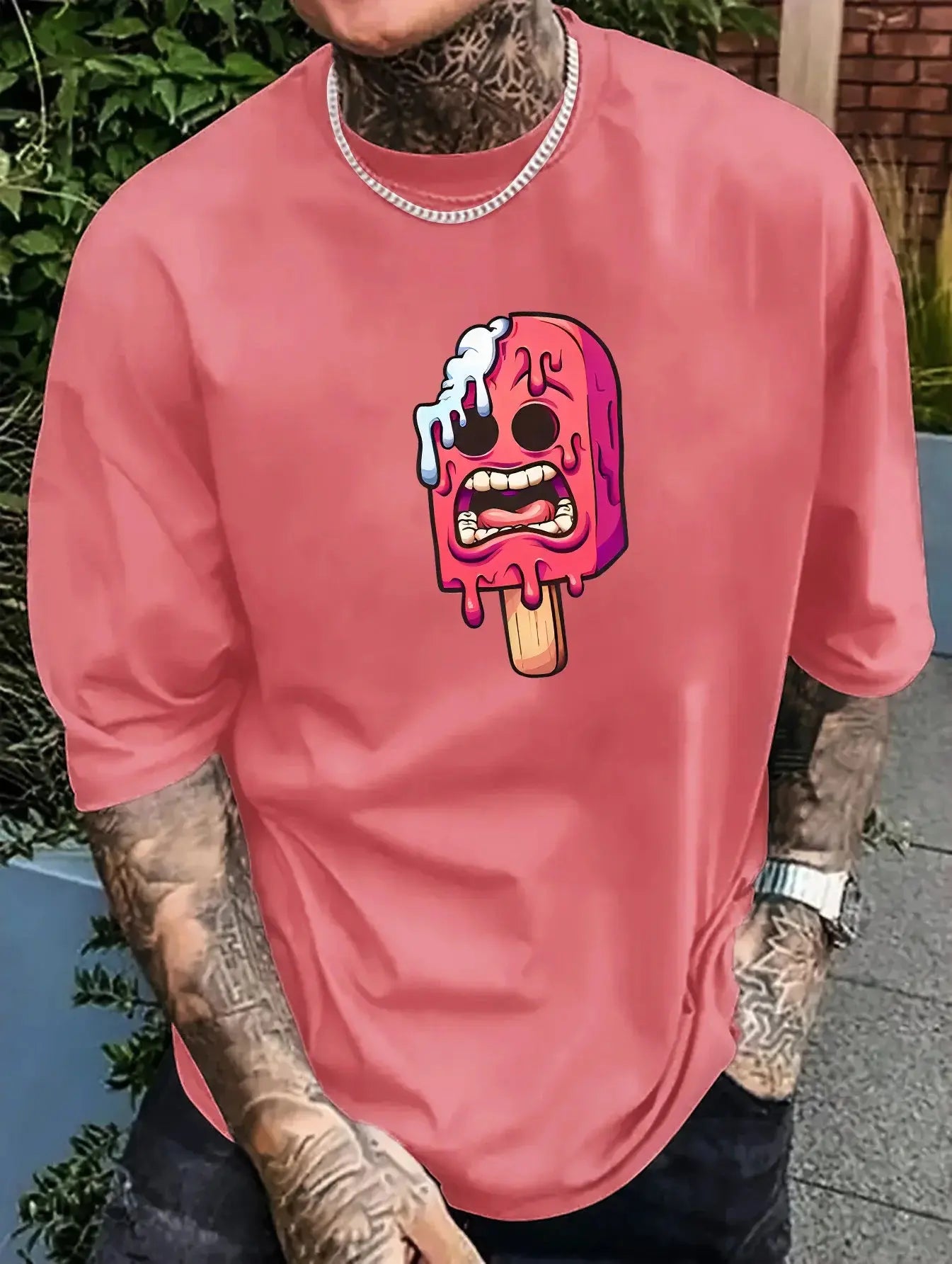Men's Pink Popsicle Graphic T-Shirt - Funny Cartoon Design,Casual & Comfortable Polyester,Short-Sleeved,Versatile Summer Top wit - Suncollections