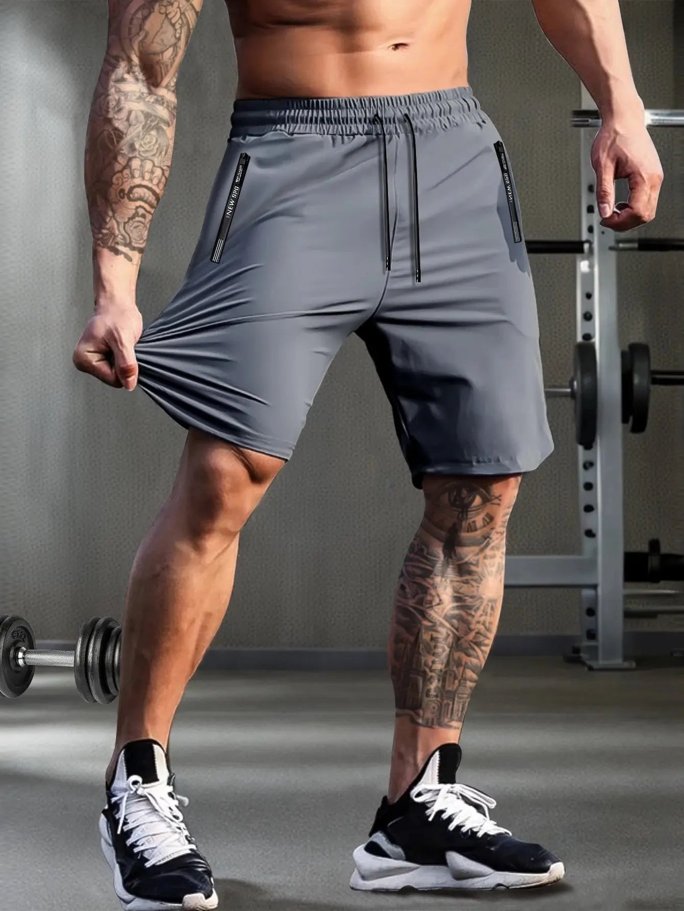 Men's solid color shorts, with zipper pockets, casual elastic drawstring shorts with a loose waist and high elasticity, suitable Suncollections