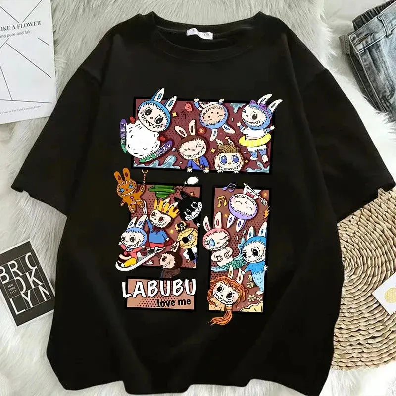 Pop Mart Labubu T-shirts for Women Anime Fashion Short Sleeved Top Summer Hip Hop Black White T-shirt High Quality Clothes - Suncollections