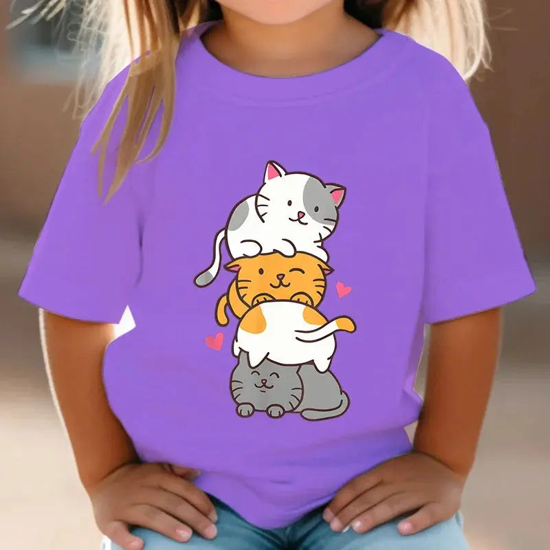 Cute Cat Graphic Kids Tshirts Kawaii T-Shirt Kids Summer Short Sleeve Tees Cartoon Animal Boys Girls Kawaii Kitten Tops Tshirt - Suncollections