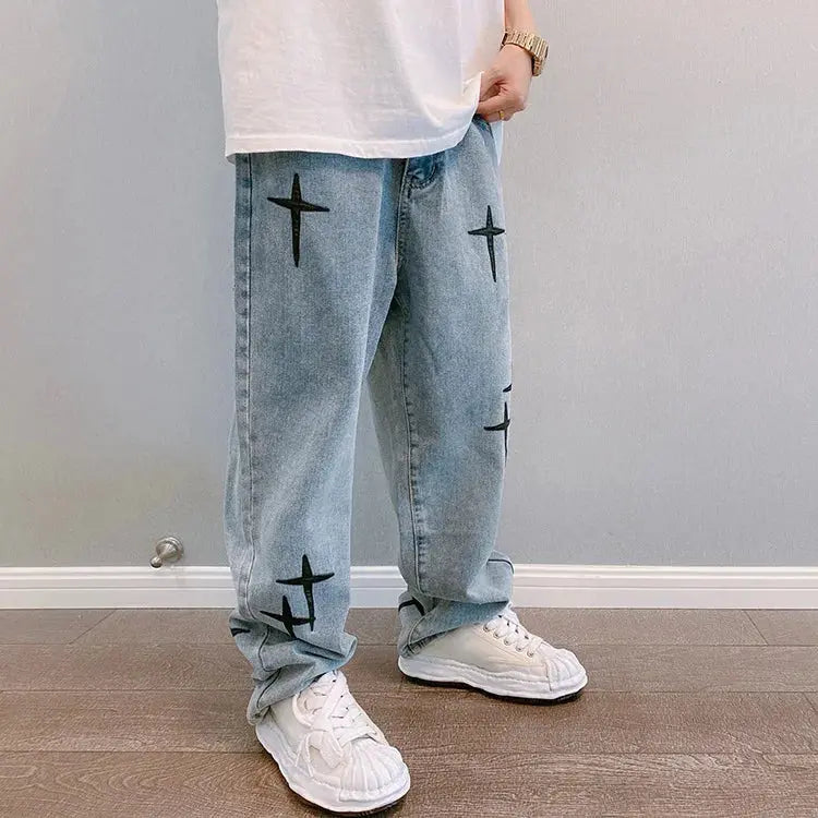 Prints Jeans Men 2023 New Streetwear Baggy Wide Leg Jeans Korean Fashion Drapes Straight Casual Loose Denim Cargo Pants Suncollections