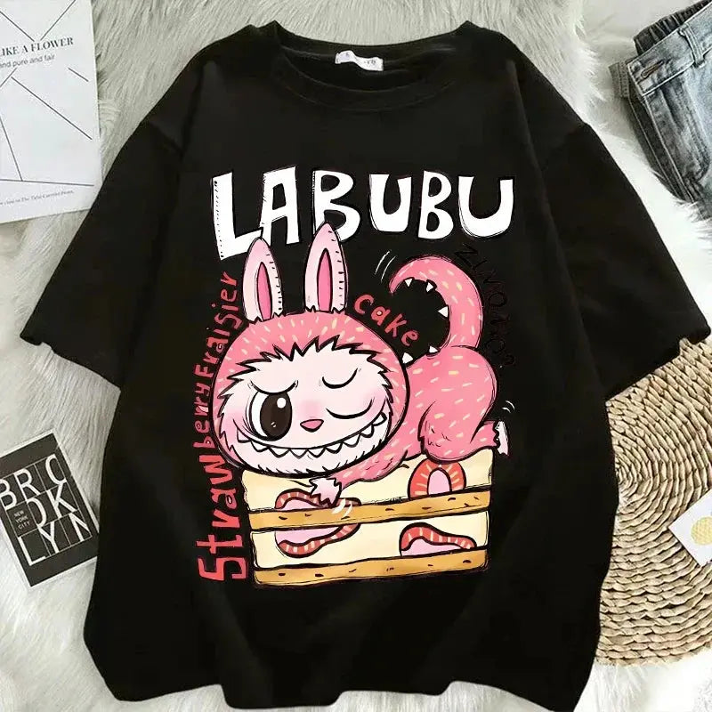 Pop Mart Labubu T-shirts for Women Anime Fashion Short Sleeved Top Summer Hip Hop Black White T-shirt High Quality Clothes - Suncollections