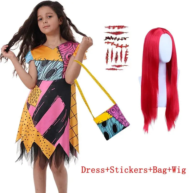 2025 Halloween Sally Cosplay Costume for Girl The Nightmare Before Xmas Role Play Dress Up Toddler Classic Sally&Jack Frocks Suncollections