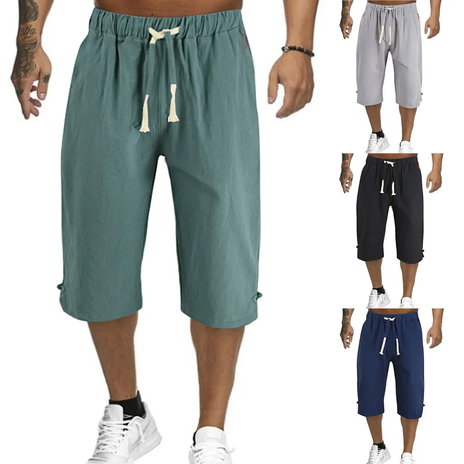 Cotton Linen Men'S Loose Tie Casual Pants Elastic Waist Beach Pants Linen Cropped Pants Suncollections