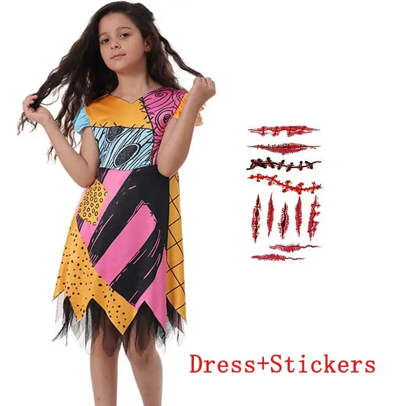 2025 Halloween Sally Cosplay Costume for Girl The Nightmare Before Xmas Role Play Dress Up Toddler Classic Sally&Jack Frocks Suncollections
