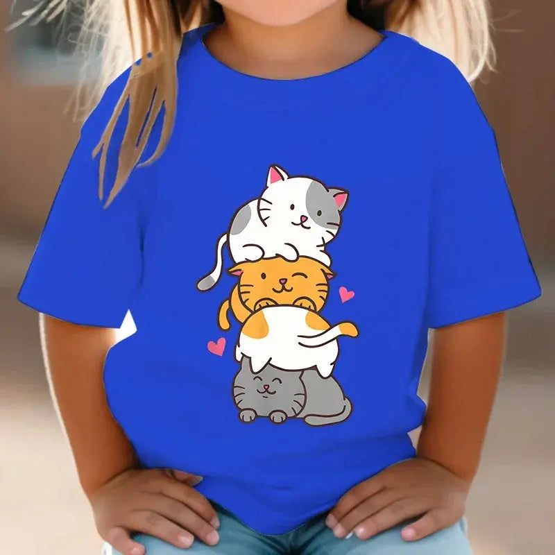 Cute Cat Graphic Kids Tshirts Kawaii T-Shirt Kids Summer Short Sleeve Tees Cartoon Animal Boys Girls Kawaii Kitten Tops Tshirt - Suncollections