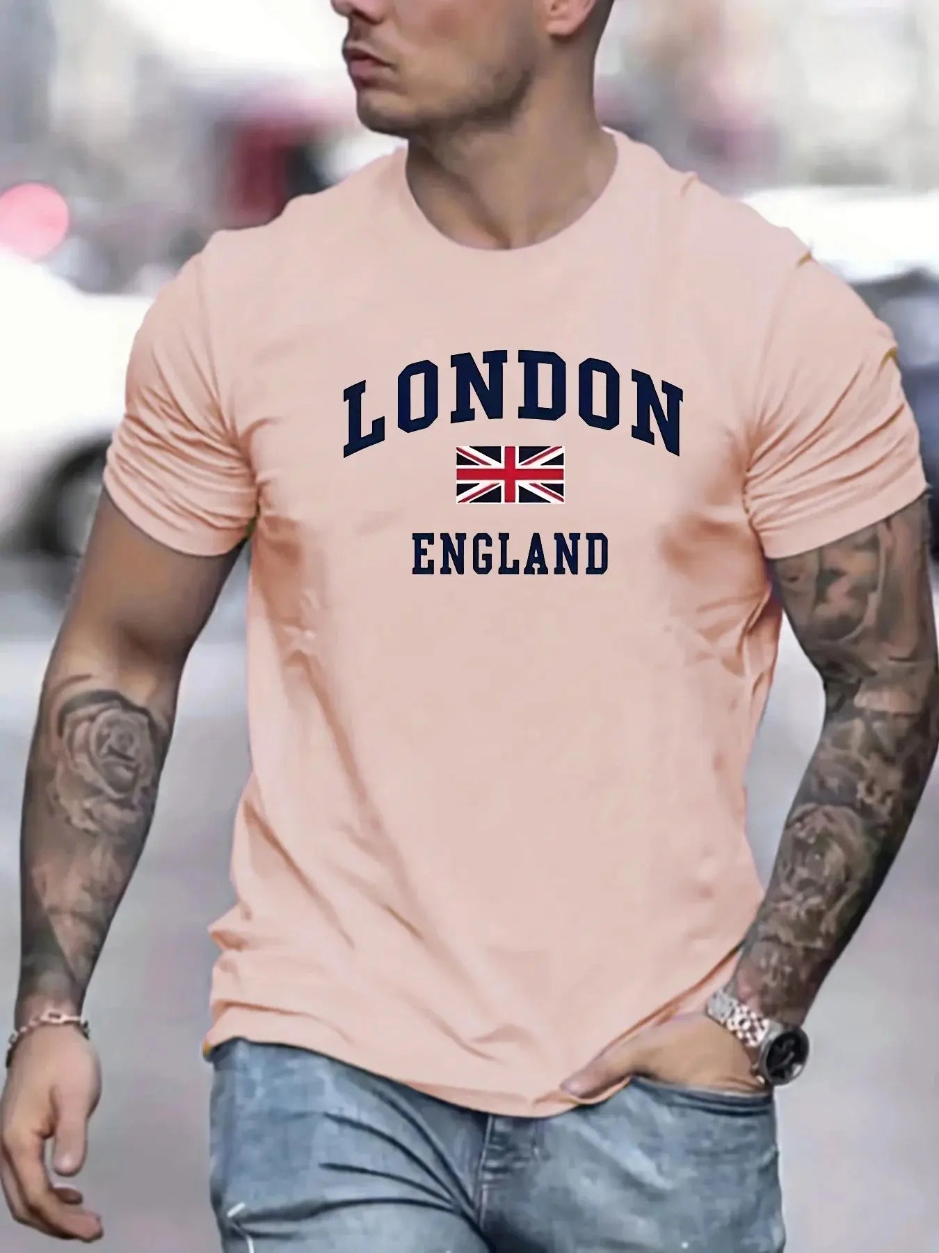 Summer men's 100% pure cotton casual loose fit plus size London England pattern printed round neck short sleeved T-shirt top - Suncollections