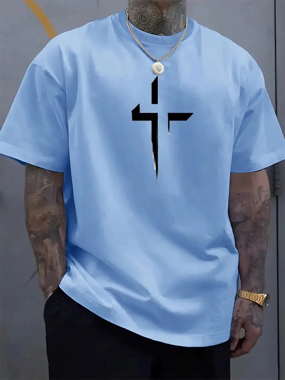 Summer Men's Streetwear Casual O-Neck Oversized Loose Plus Size Cross Creative Printed Sports Round Neck Short Sleeved T-Shirt - Suncollections