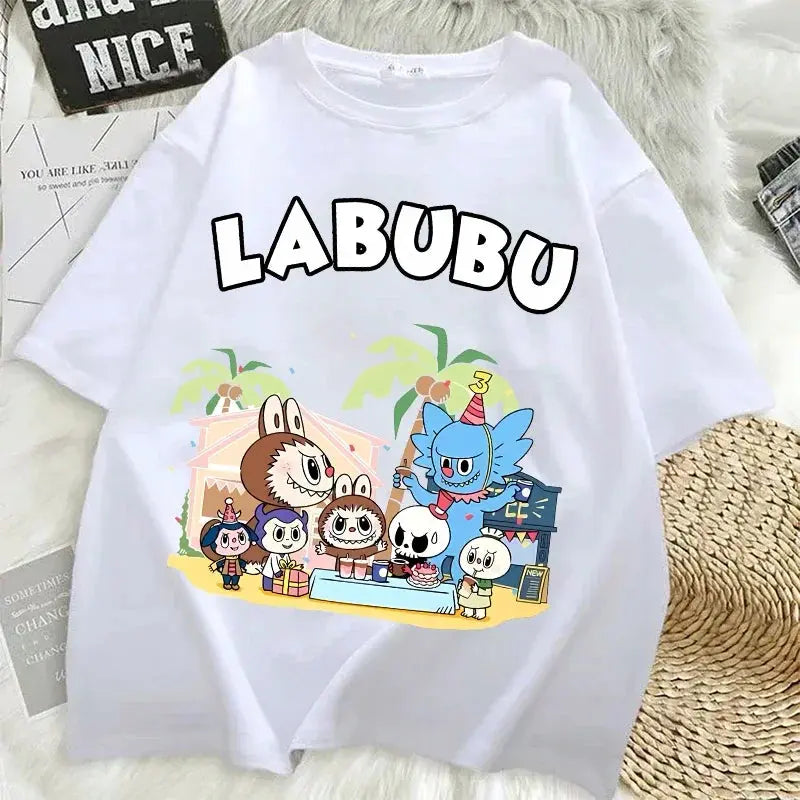 Pop Mart Labubu T-shirts for Women Anime Fashion Short Sleeved Top Summer Hip Hop Black White T-shirt High Quality Clothes - Suncollections