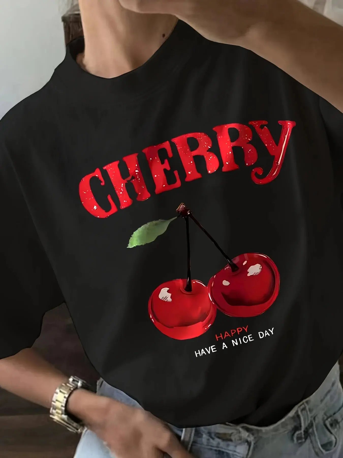 Cherry Blossom Graphic Print Crew Neck T-Shirt - Women's Casual Short Sleeve Summer  - Relaxed Fit, Breathable - Suncollections