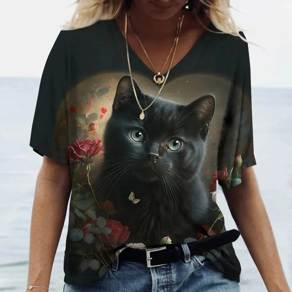 Fashion Women's T-shirt Cat Printed Short Sleeve Female Harajuku Tees Ladies T Shirt Oversized V-neck Tops Animal Women Clothing - Suncollections