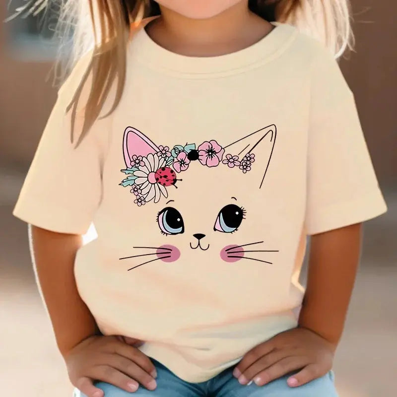 Summer Kids T Shirt Flower Cat Graphic Shirt Girls Floral Kitty Tops White Short - Suncollections