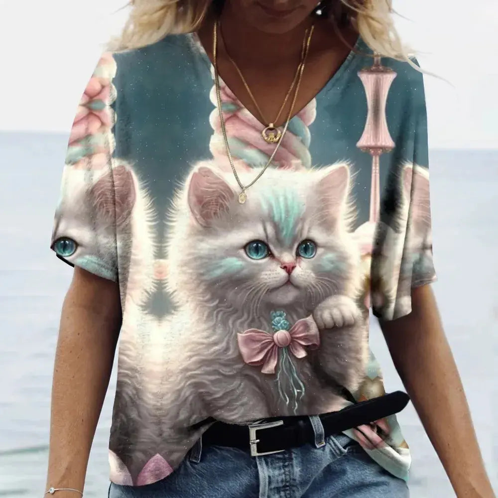 Fashion Women's T-shirt Cat Printed Short Sleeve Female Harajuku Tees Ladies T Shirt Oversized V-neck Tops Animal Women Clothing - Suncollections