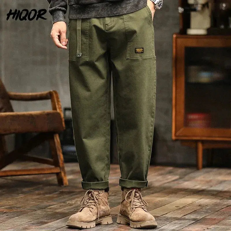 HIQOR Men's Loose Profile Pants American Vintage Trousers For Men High Waist Army Green Men's Casual Pants Cargo Trousers Male Suncollections