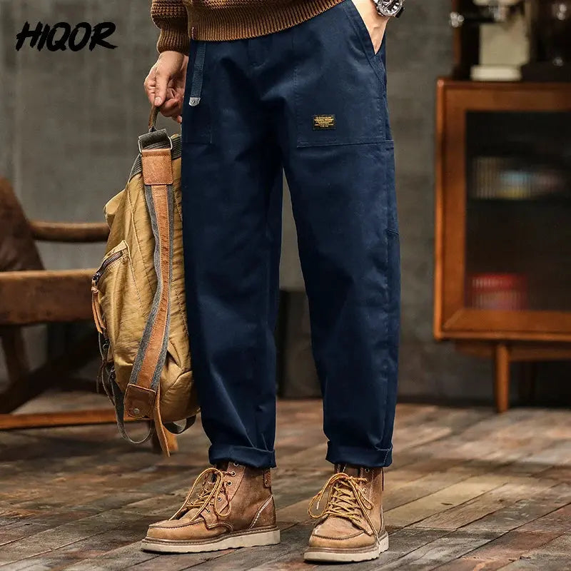 HIQOR Mens Clothing Spring Autumn Cargo Pants Man Cotton Casual Loose Trouser Belt Mid Waist Joggers Male Straight Baggy Pants Suncollections