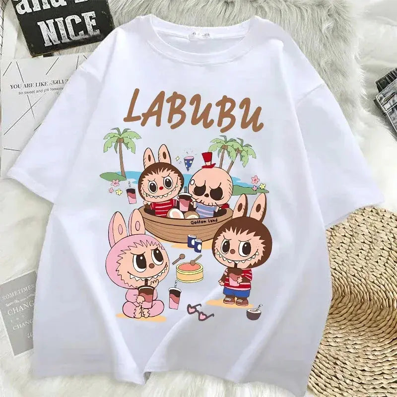Pop Mart Labubu T-shirts for Women Anime Fashion Short Sleeved Top Summer Hip Hop Black White T-shirt High Quality Clothes - Suncollections
