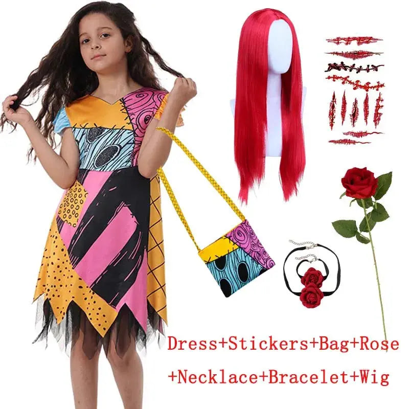 2025 Halloween Sally Cosplay Costume for Girl The Nightmare Before Xmas Role Play Dress Up Toddler Classic Sally&Jack Frocks Suncollections