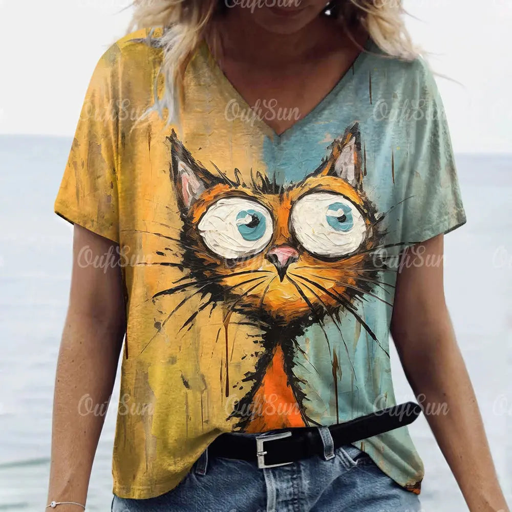 Summer Women's T Shirt Cat Print Casual Short Sleeve 3d T-Shirts Fashion Streetwear Crew Neck Pullover Female Oversized Clothing - Suncollections