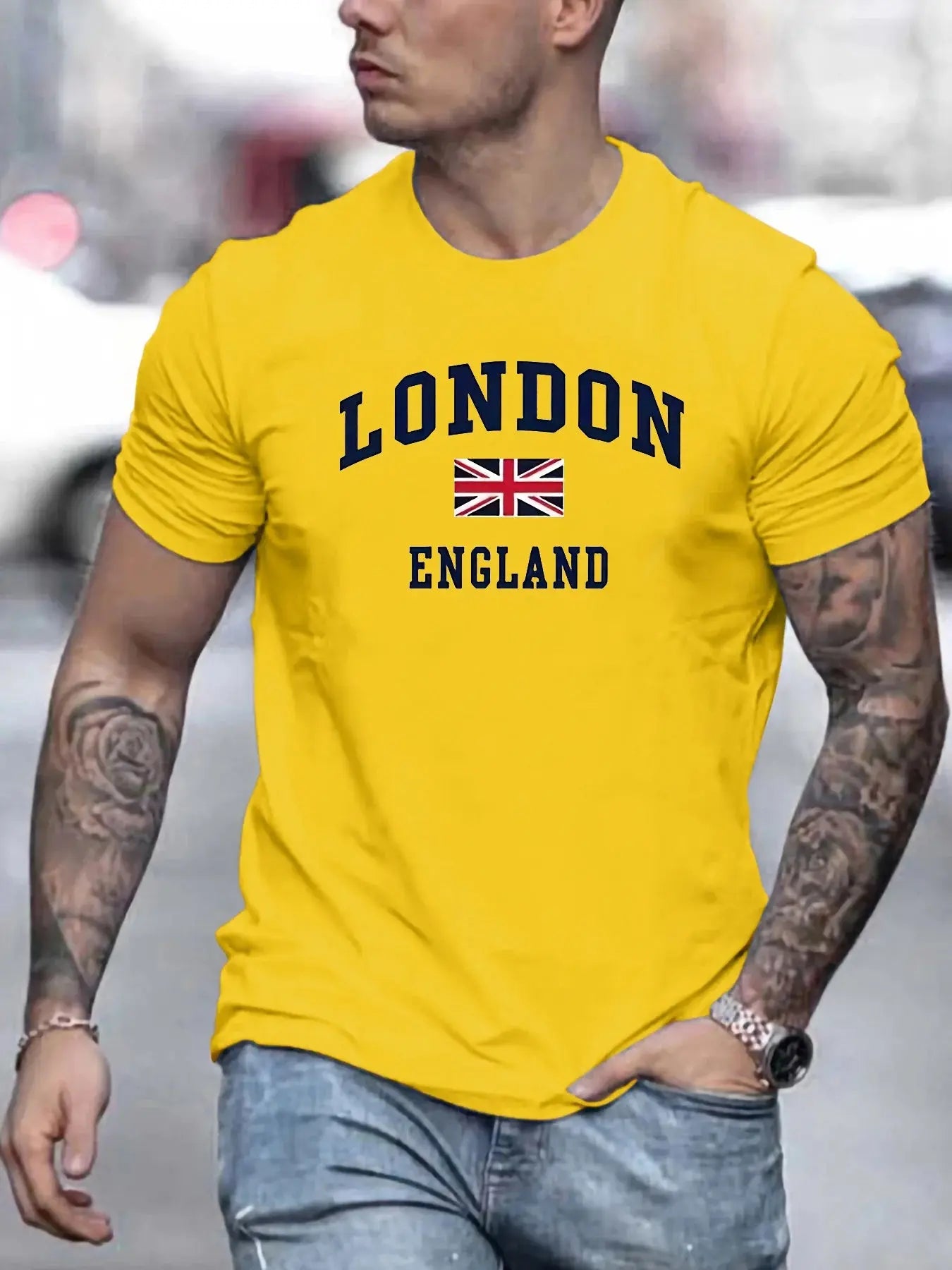 Summer men's 100% pure cotton casual loose fit plus size London England pattern printed round neck short sleeved T-shirt top - Suncollections