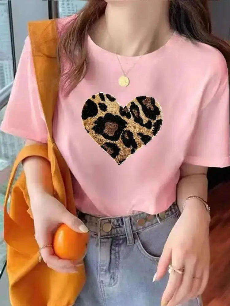 Leopard Love Heart Trend Cute Tee Top Fashion Summer Women Clothes O-neck Print Short Sleeve Clothing Graphic T-shirt T Shirt - Suncollections