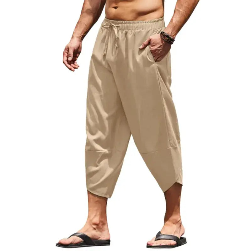 Men Summer Solid Color Capri Pants Harem Shorts Men Elastic Waist Drawstring 3/4 Length Cropped Trousers Baggy Sweatpants Suncollections