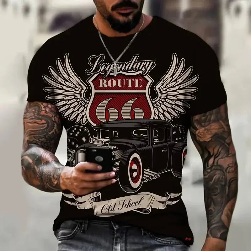 Newest Summer Mens Clothes Man 3d Printed Fashion Retro Short Sleeve Top Route 66 T Shirt Men Streetwear Short Sleeve T Shirt - Suncollections