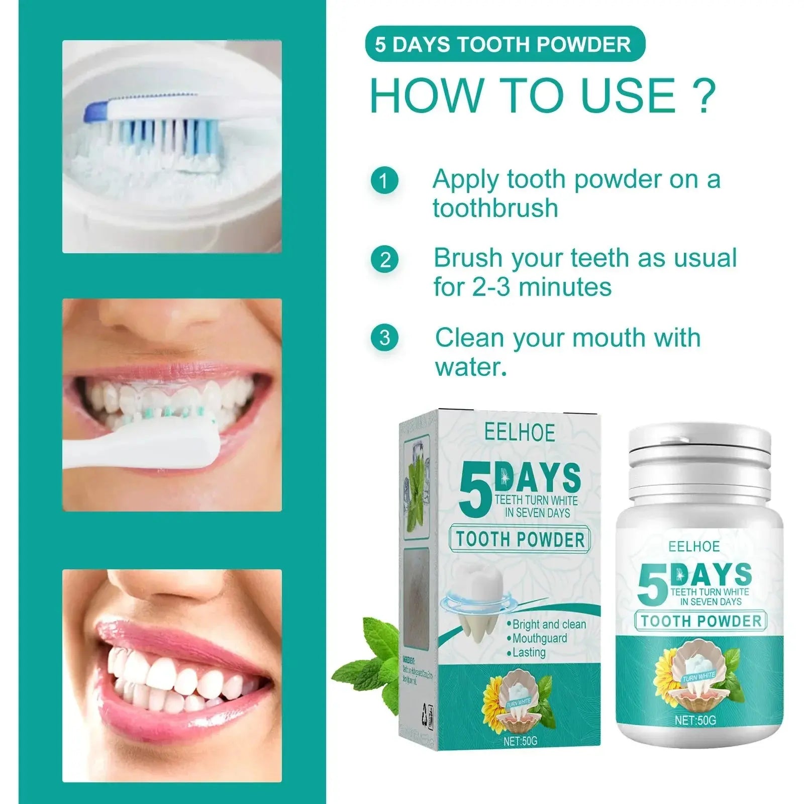 5 Days Teeth Whitening Toothpaste Remove Plaque Stains Powder Deep Cleaning Oral Hygiene Fresh Breath Brightening Tooth Care 50g - Suncollections