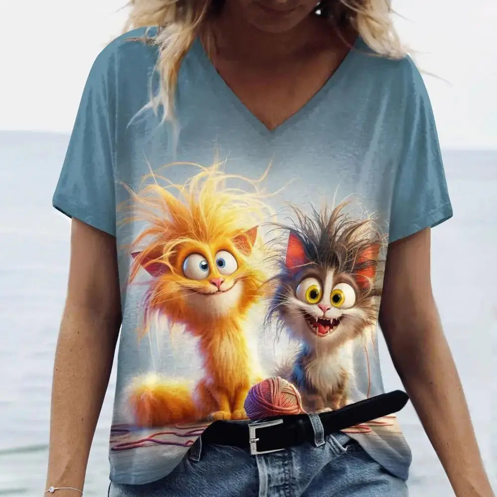 Summer Women's T Shirt Cat Print Casual Short Sleeve 3d T-Shirts Fashion Streetwear Crew Neck Pullover Female Oversized Clothing - Suncollections