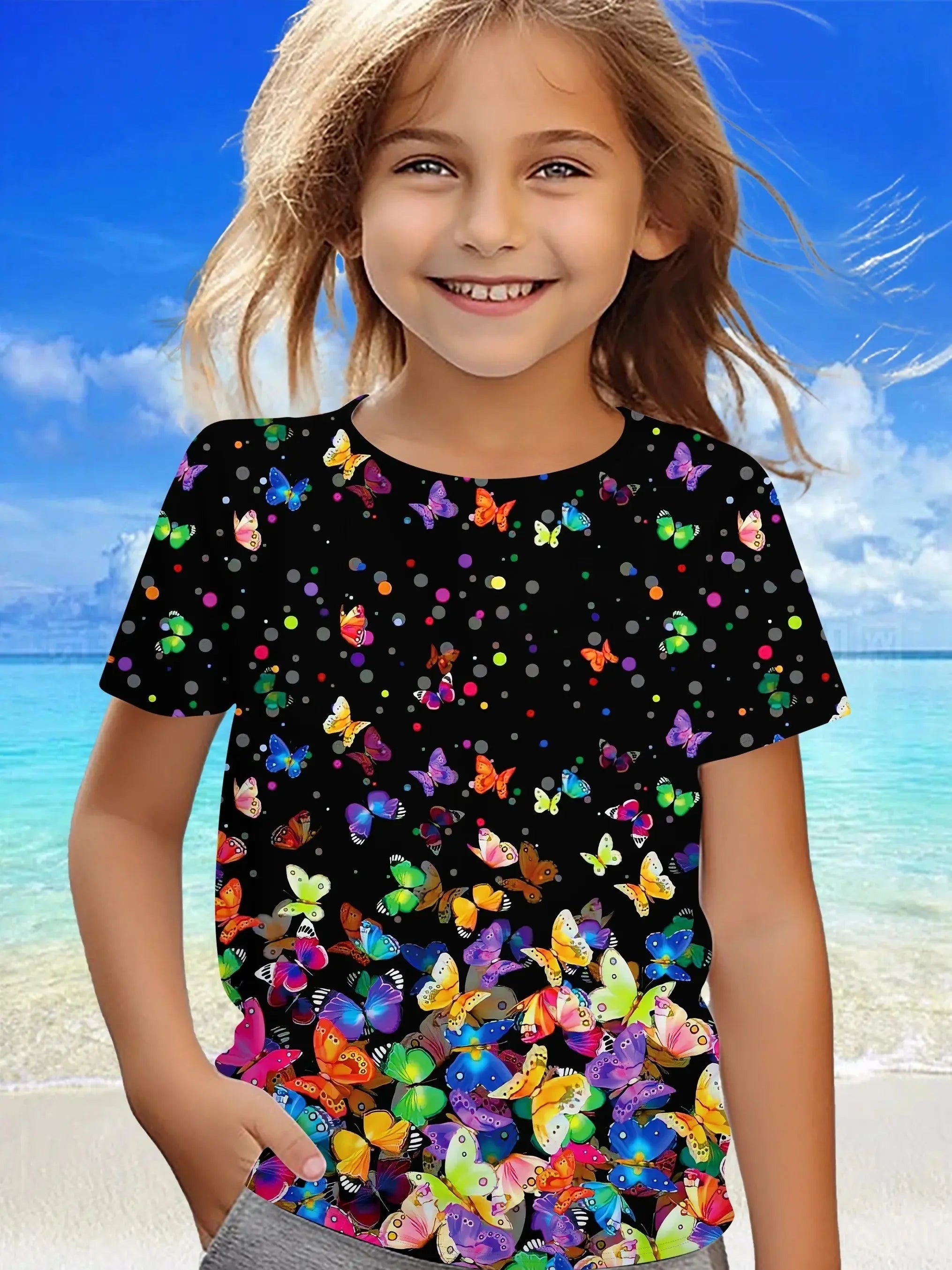 Children's Clothing Girl Clothes Short Sleeve Girl T-Shirt Prety Butterfly Print Kawaii Round Neck Girl Top Kids Summer Clothes - Suncollections