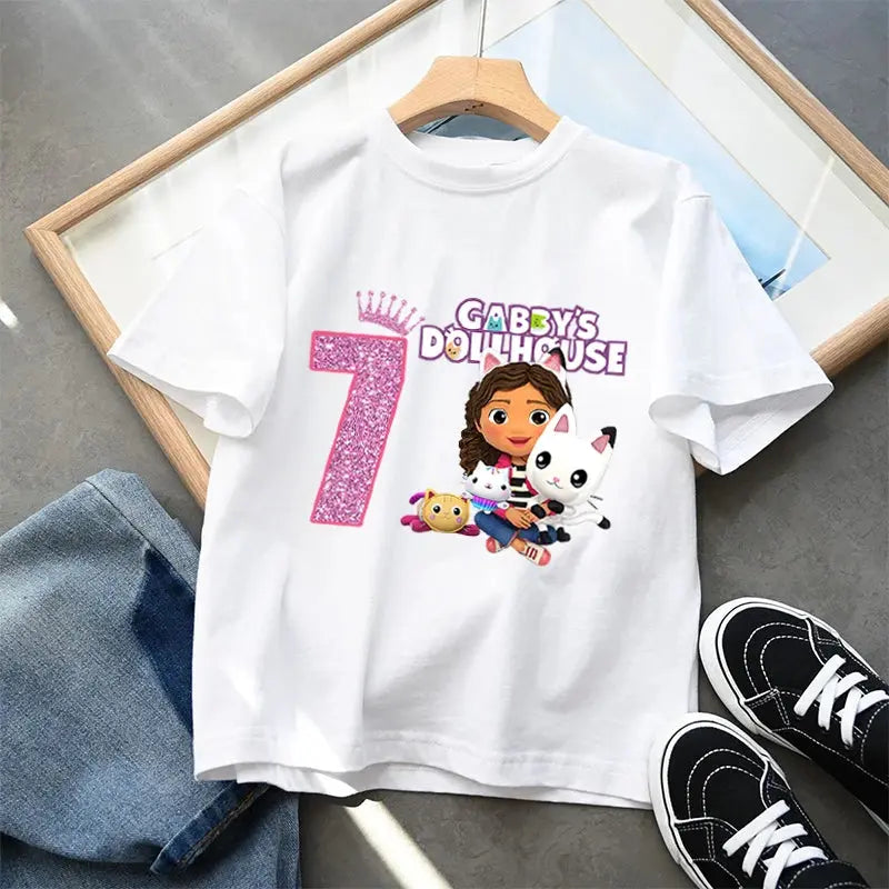 Gabby Dollhouse Kids Cotton T-Shirt Anime Cartoon Numbers Printed Pullover Boys Girls Summer Loose Top Casual Clothes Gifts New - Suncollections
