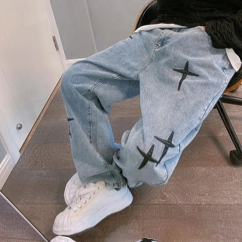 Prints Jeans Men 2023 New Streetwear Baggy Wide Leg Jeans Korean Fashion Drapes Straight Casual Loose Denim Cargo Pants Suncollections