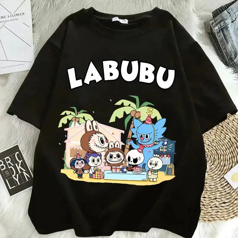 Pop Mart Labubu T-shirts for Women Anime Fashion Short Sleeved Top Summer Hip Hop Black White T-shirt High Quality Clothes - Suncollections