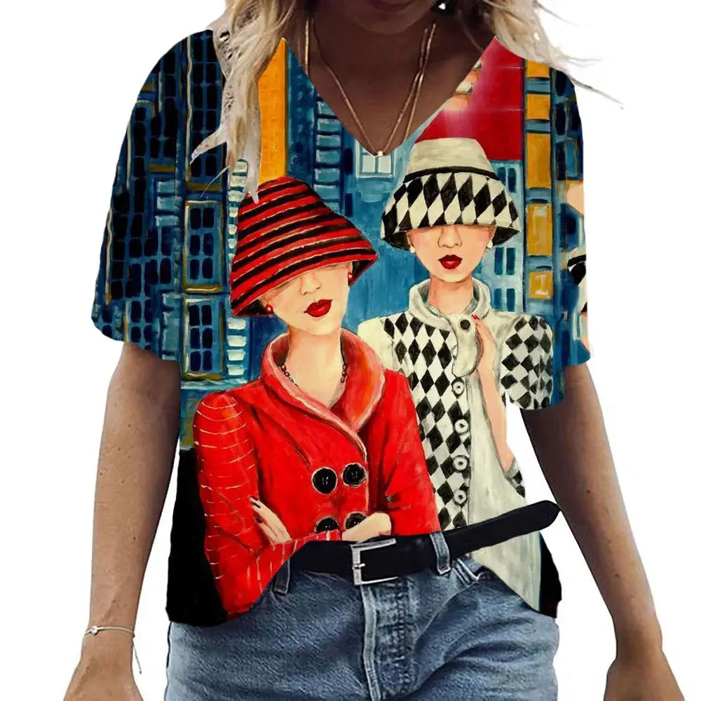 Women's Summer T-Shirt V Neck Short Sleeve Top Abstract Portrait Painted T-Shirt Women's Loose Casual T-Shirt Street Style - Suncollections