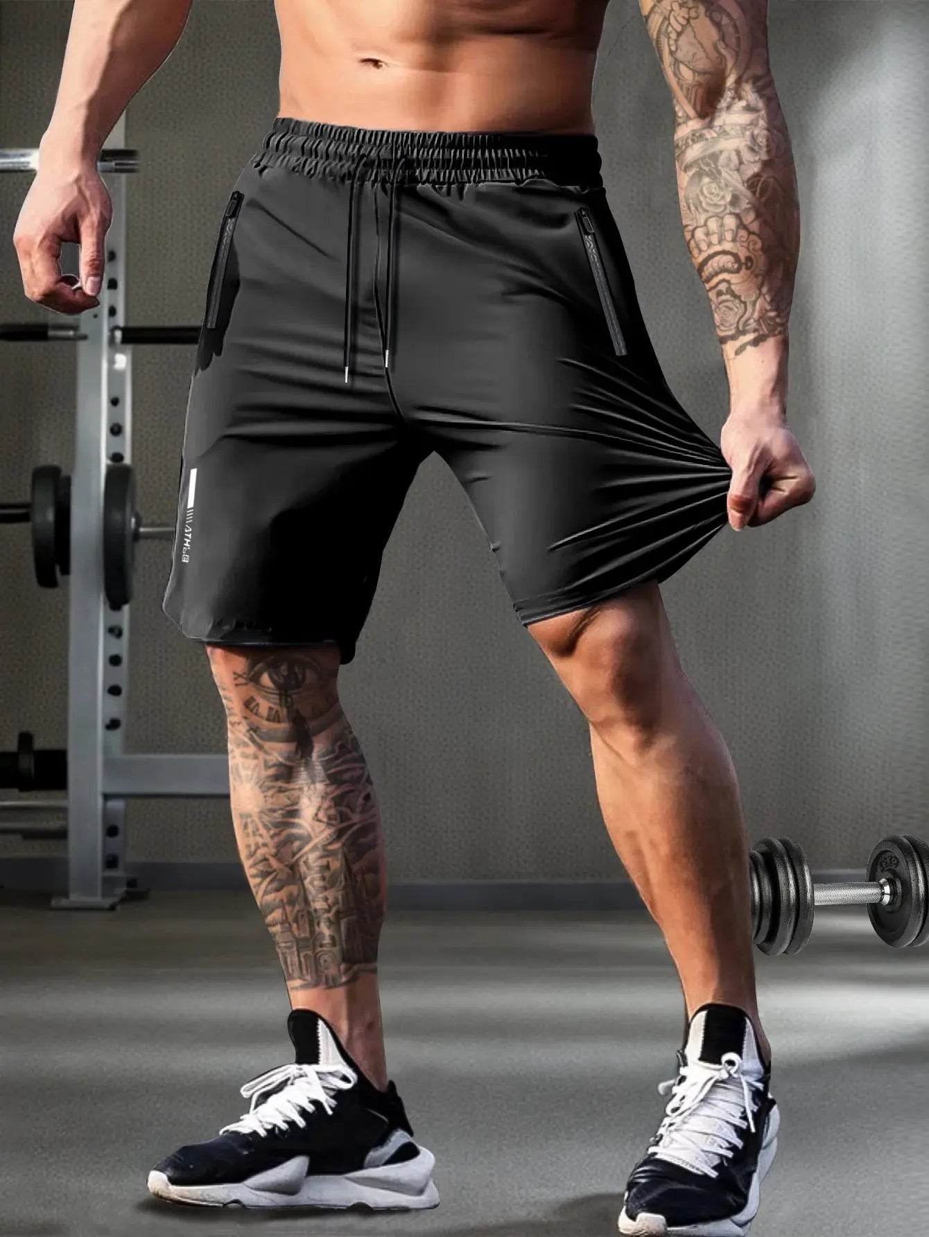 Men's solid color shorts, with zipper pockets, casual elastic drawstring shorts with a loose waist and high elasticity, suitable Suncollections