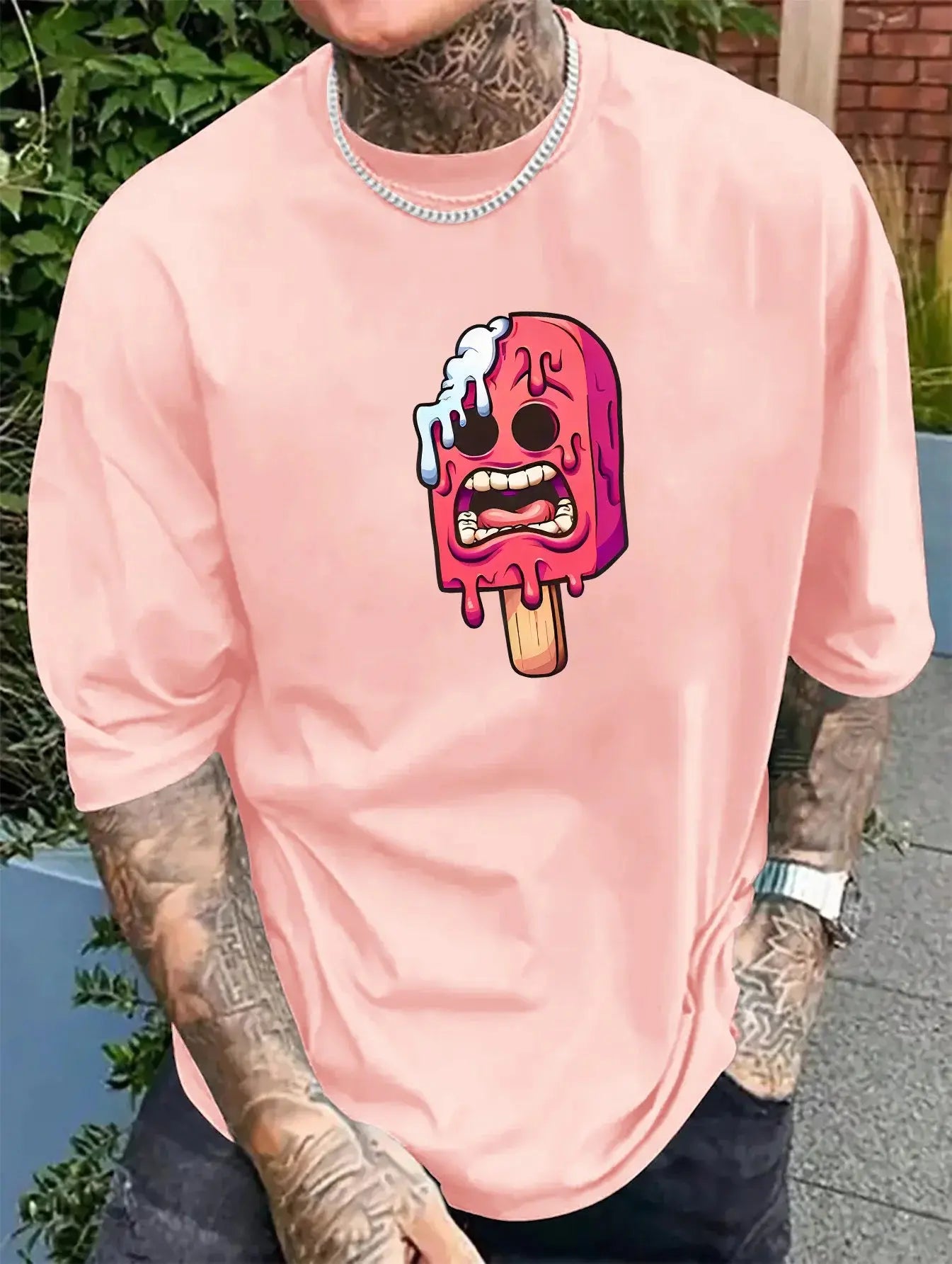 Men's Pink Popsicle Graphic T-Shirt - Funny Cartoon Design,Casual & Comfortable Polyester,Short-Sleeved,Versatile Summer Top wit - Suncollections